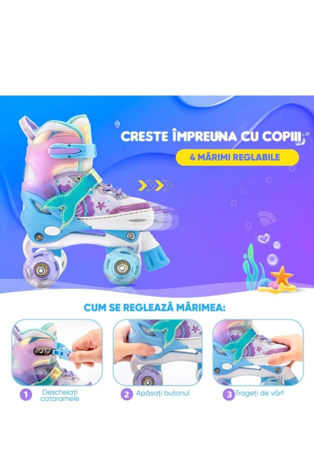 Регулируеми кънки за деца , светещи силиконови колела, 4 колела, лагер