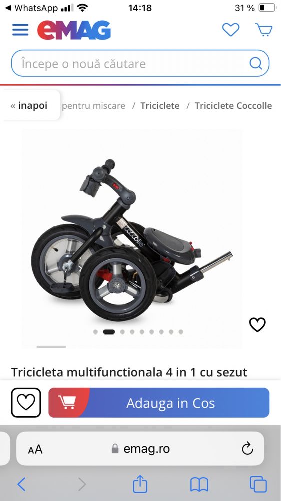 Tricicleta multifunctionala 4 in 1, Coccolle Velo