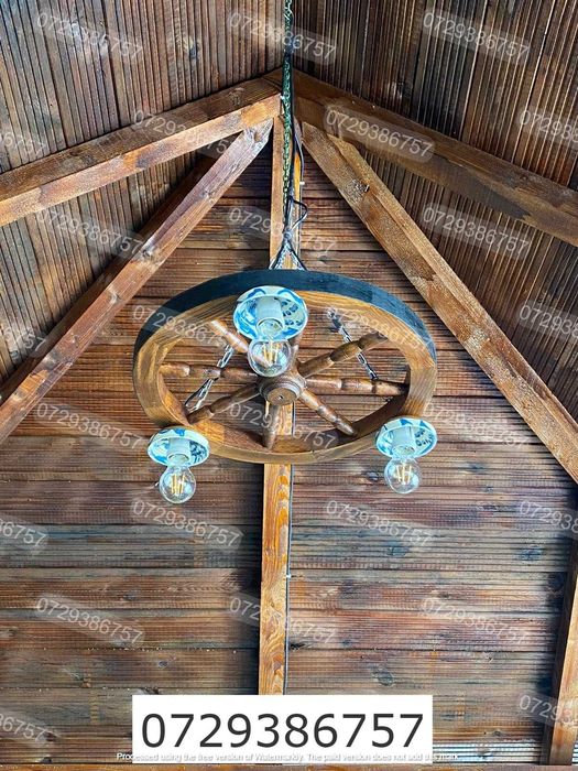 Candelabru rustic din lemn 50 cm 3 dulii e27 cu abaju roata car