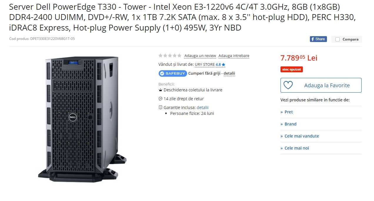 Server Dell PowerEdge T330 Intel Xeon E3-1220v6 NAS Network Storage