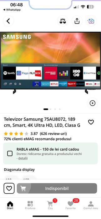 Televizor Samsung 75AU8072, 189 cm, Smart, 4K Ultra HD, LED