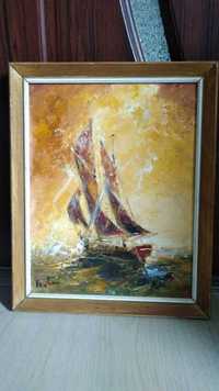 Tablou pictat corabie cu panze pe Mare semnat Agnes Hawkins 1977