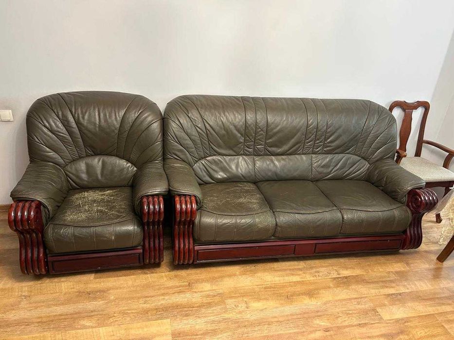 Диван на 3 места + кресло из натуральной кожи и дерева