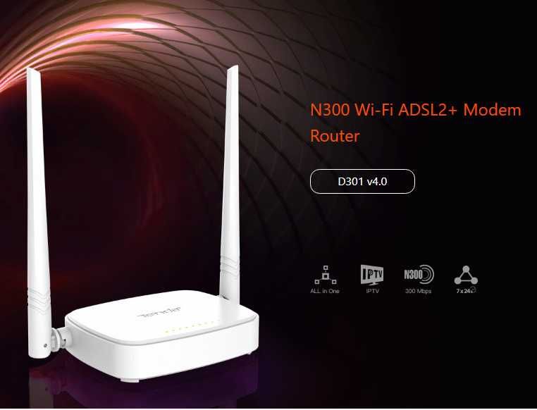 Рутер Tenda D301 V4 300mbps ADSL2+, Wi-Fi модемен