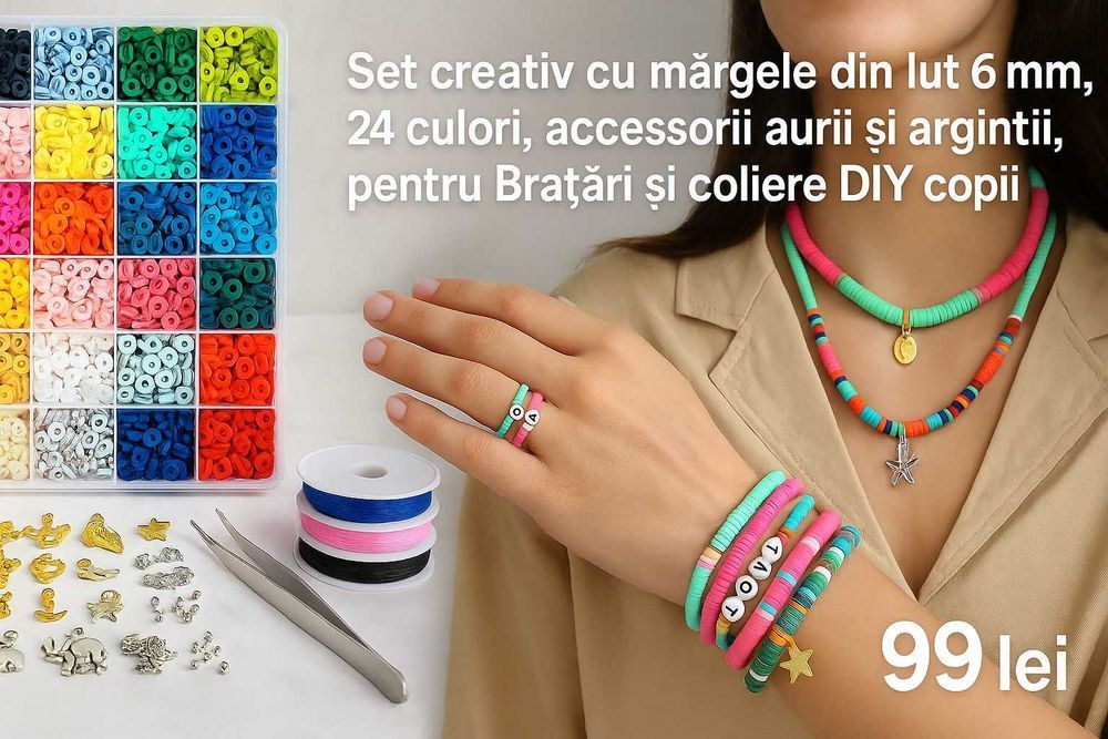 Set creativ cu mărgele lut 6mm, 24 culori, accesorii DIY pentru copii