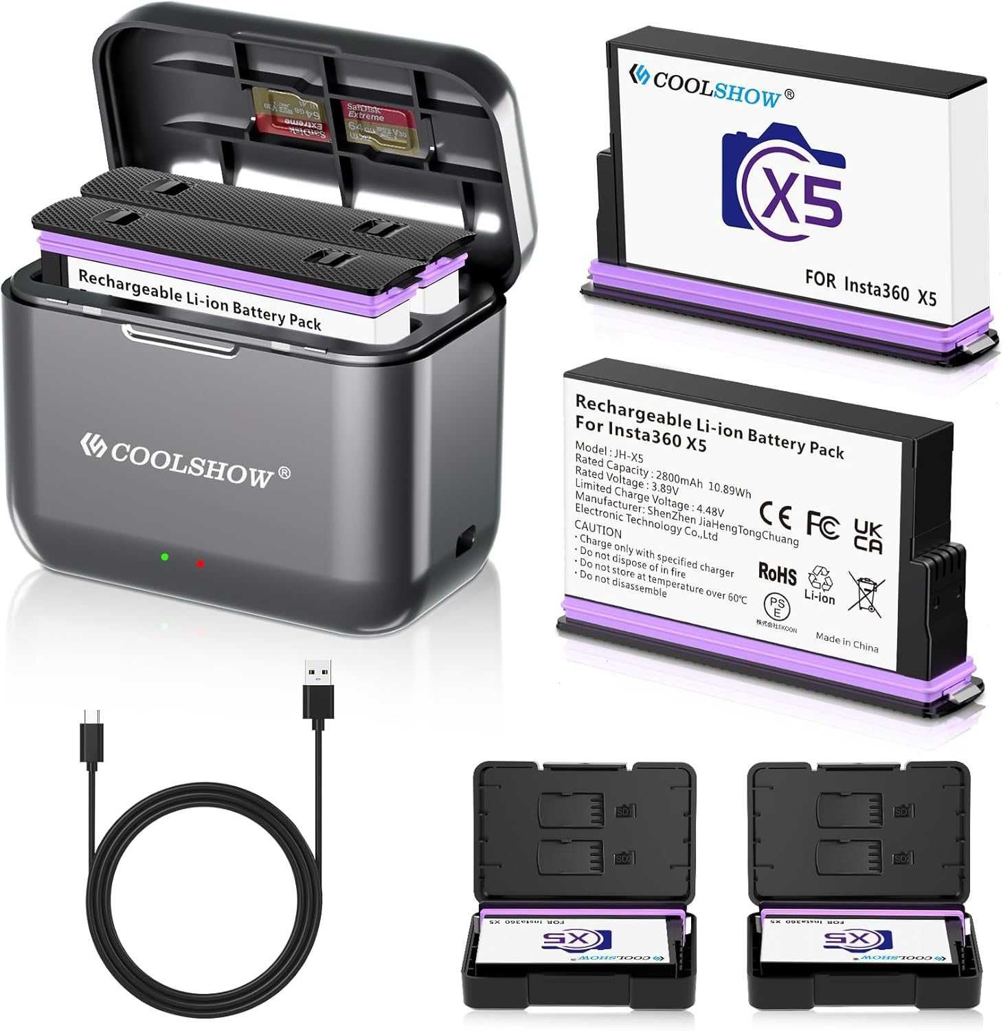 COOLSHOW 360 X5 батерии 2800mAh 2 броя със защитен калъф бързо зарядно