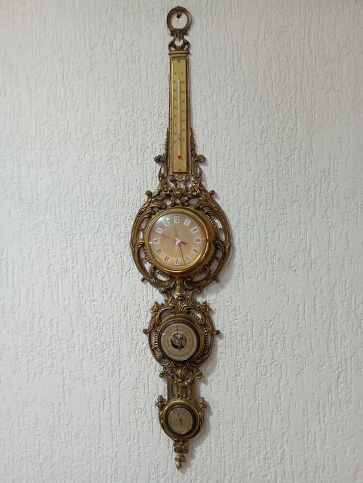 Бронзова метеостанция с часовник, термометър, барометър и хигрометър