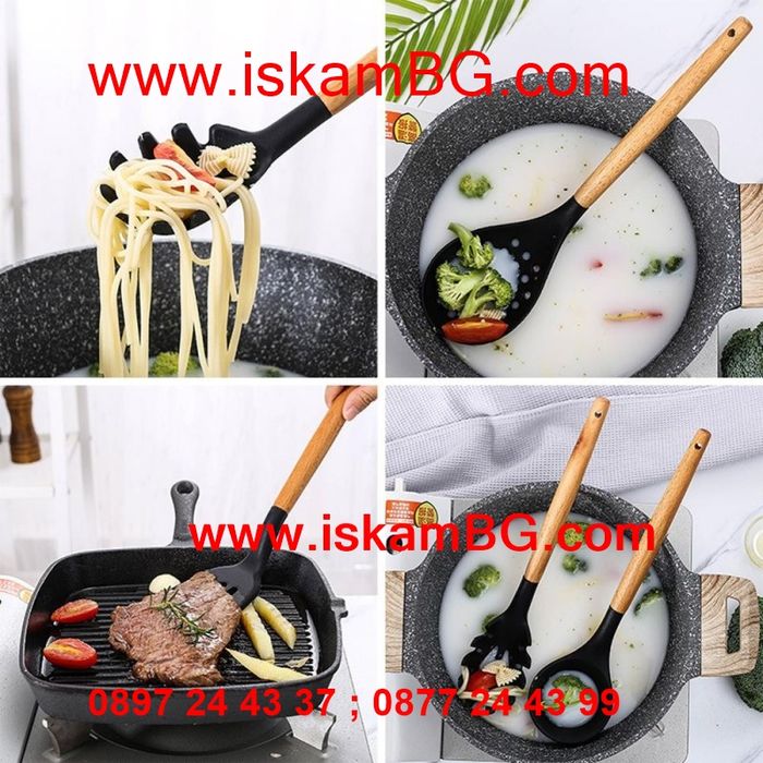 Комплект от 11 броя силиконови кухненски прибори за готвене с поставка