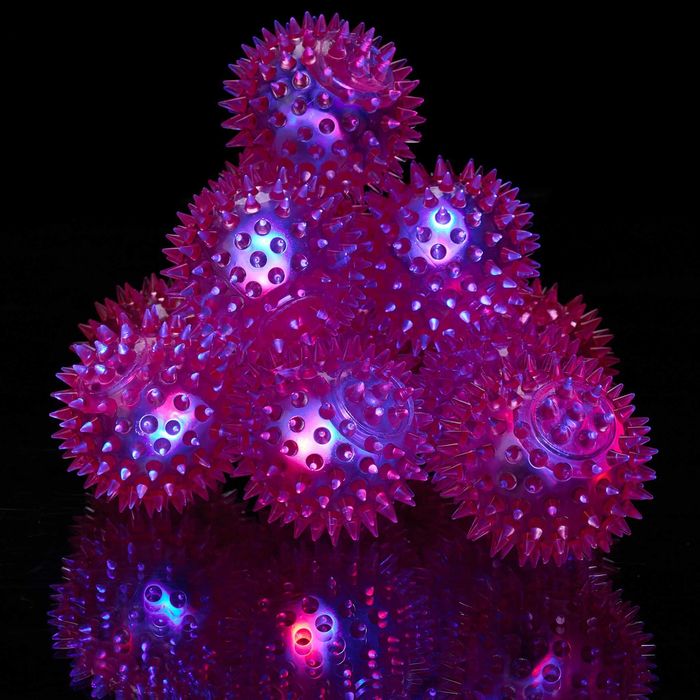 Set 12 mingi LED pentru copii, din cauciuc, cu tepi moi, roz, 6.5 cm