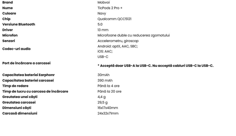 Casti wireless Mobvoi TicPods 2 Pro+ TWS (albastru marin)