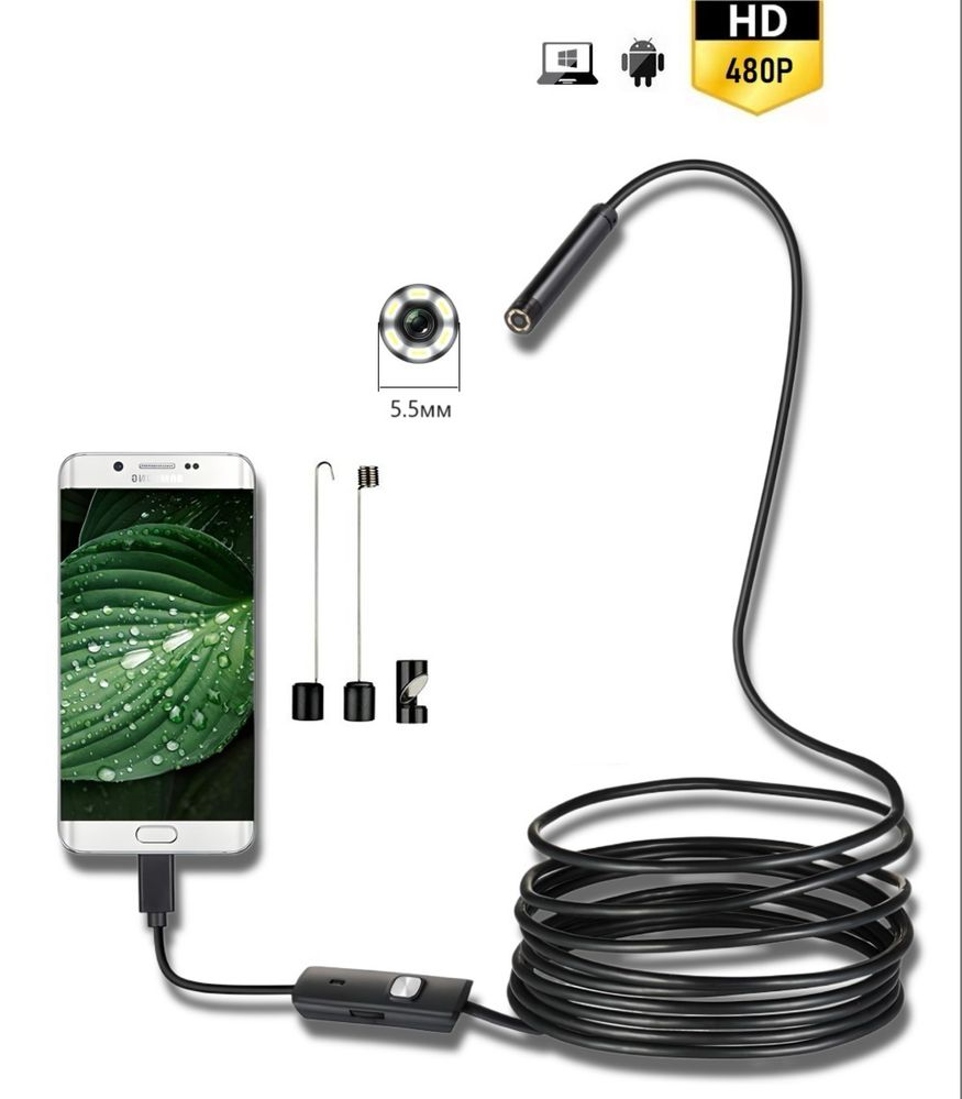 2в1 USB ендоскоп MASO 5.5мм/IP67 водоустойчив/6 LED/Android/PC/2м