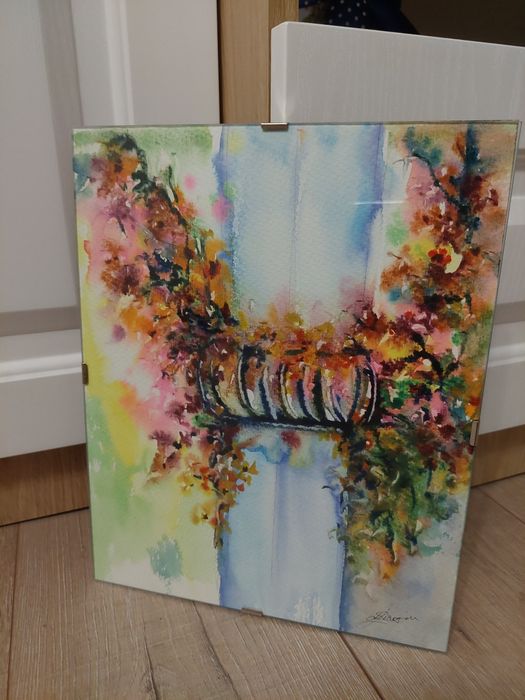 Tablou pictat - Fereastra Venetiana cu flori  24cm x 30cm