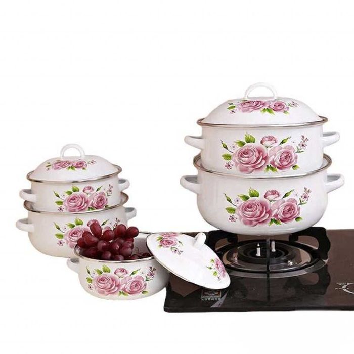 Комплект 5 бр. емайлирани тенджери с незалепващо покритите + капаци