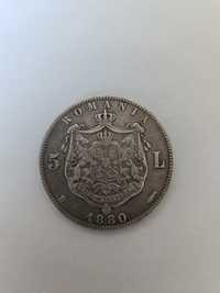 Monedă argint 5 lei - anul 1880