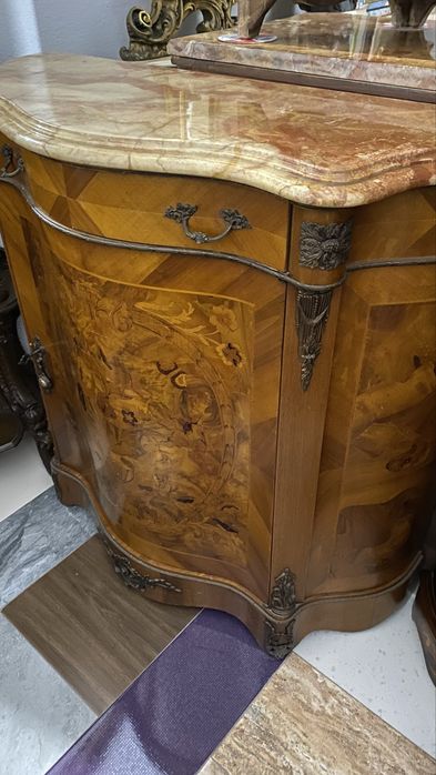 Comoda Lemn Masiv Bronz Intarsie Marmura Vintage