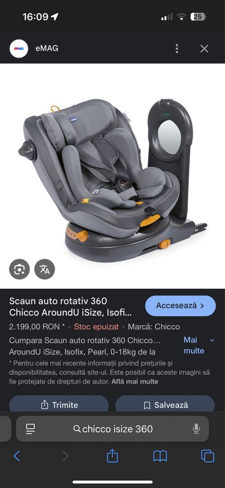 Scaun auto rotativ 360 Chicco AroundU iSize, Isofix, Pearl, 0-18kg