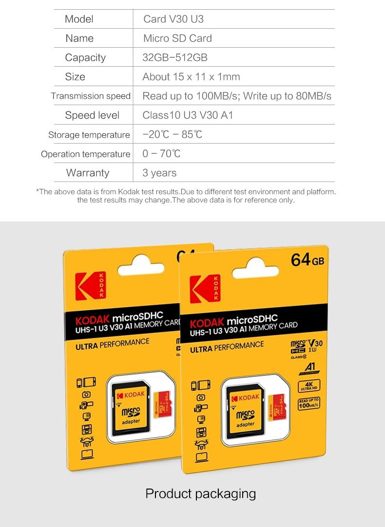 Карта памет Micro SD TF Card KODAK Class 10 U3 V30 4K 128GB