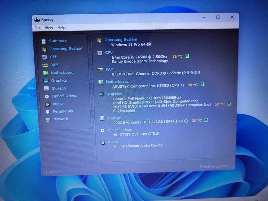 Asus K53SD 15.6" Core i5-2450M 2.5Ghz 8Gb DDR3 240Gb SSD Video GF610M