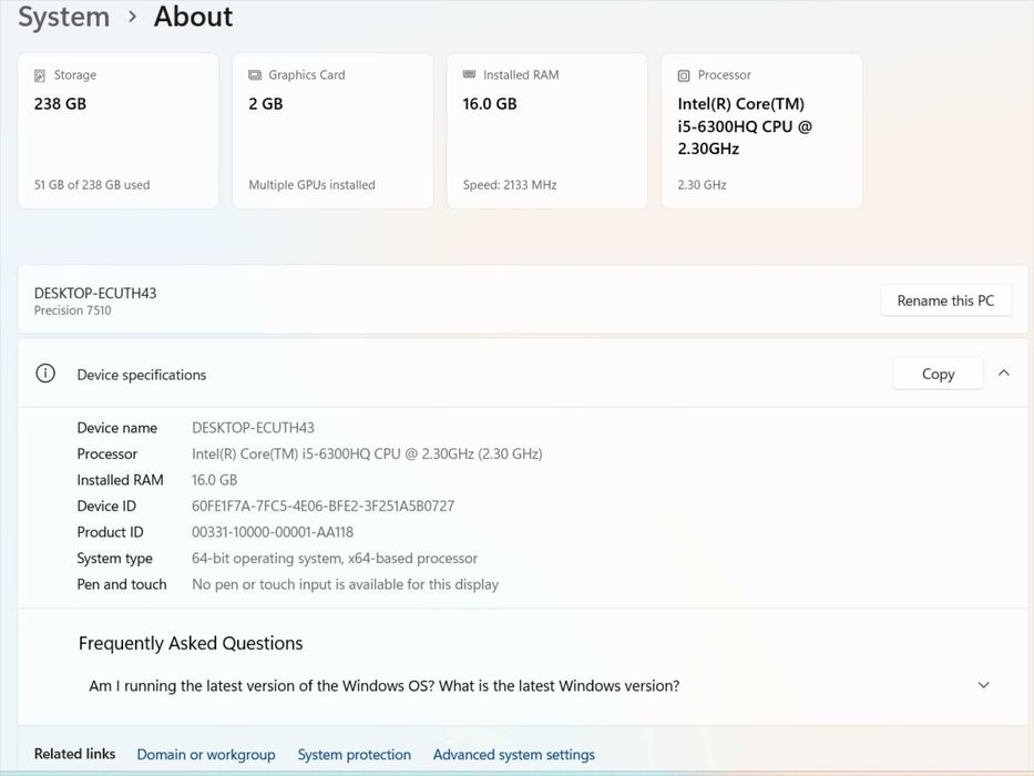Лаптоп Dell Precision 7510 i5-6300HQ 2.3GHz/RAM16GB/RadeonR9 M375X 2GB
