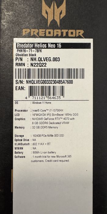 Laptop Acer Predator Helios 16 - 32GB DDR5 - RTX 4070 8GB - Garantie