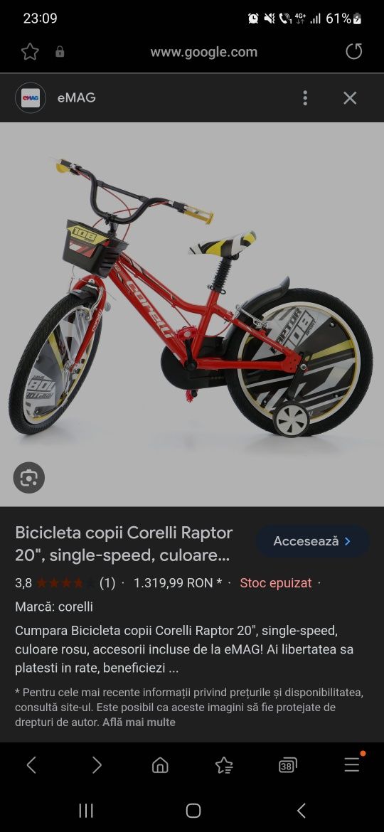 Bicicleta copii Corelli raptor 20 inch , noua.