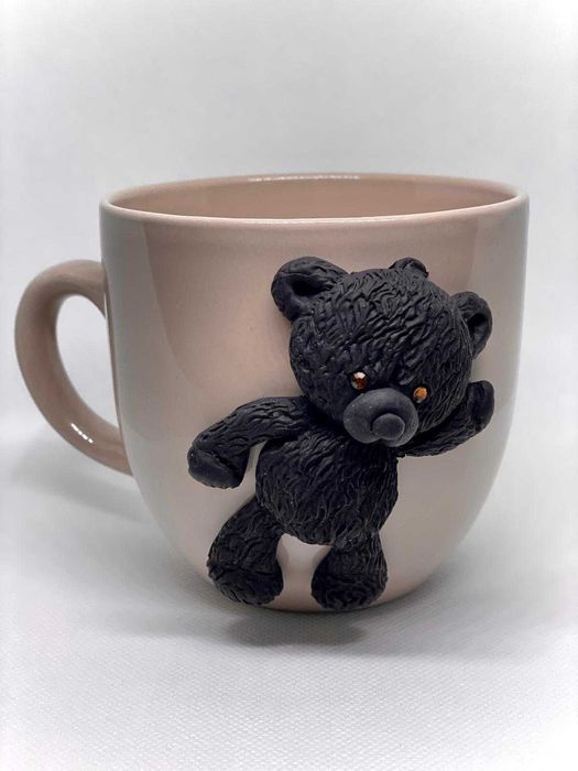 Cana cu ursulet, decorata cu lut polimeric, handmade