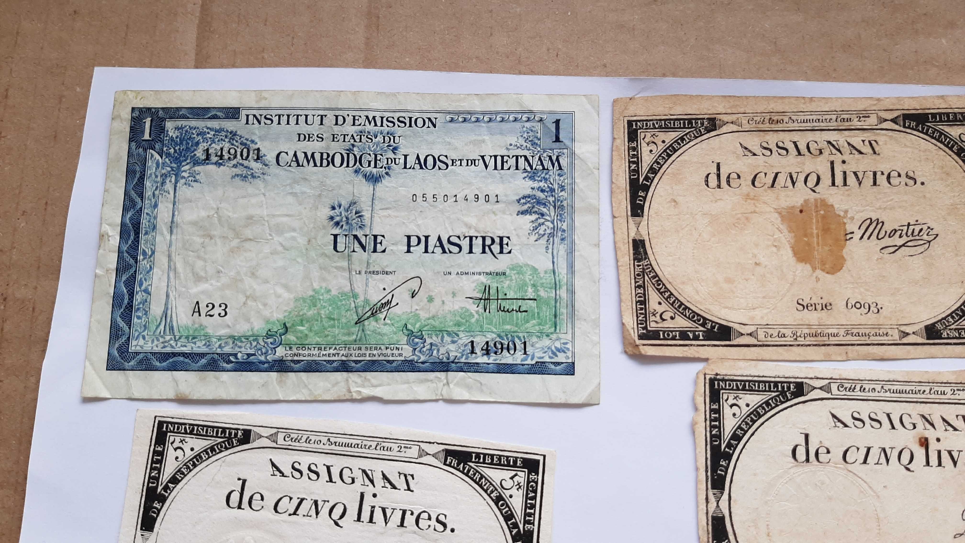 Lot bancnote Indochina Franceza 1 piastre + 4 bancnote x 5 livres 1793