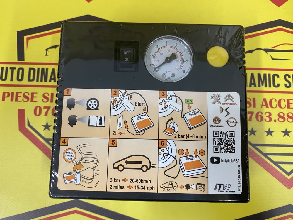 Compresor auto umflat roti soluție kit pană OEM Peugeot 180w neutiliza
