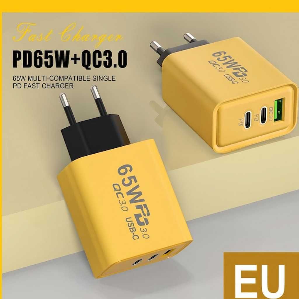 Бързо зарядно устройство 65W, 3 порта - 2x USB-C PD и 1x USB-A