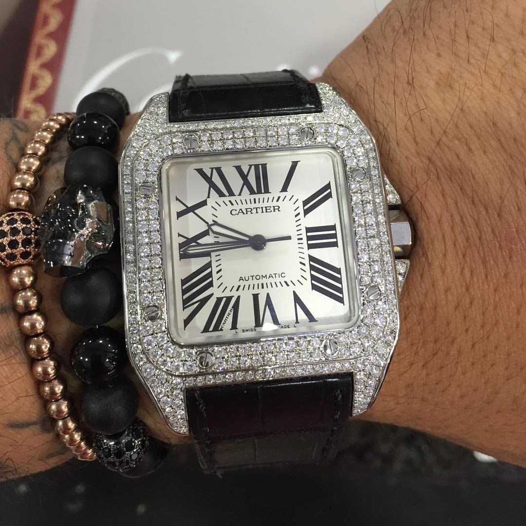 cartier santos 100 icedout full diamond