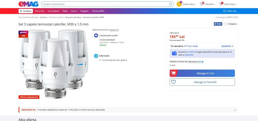 Cap(robinet) termostat calorifer, Set 3buc, M30x1,5 REDUS de la 155RON