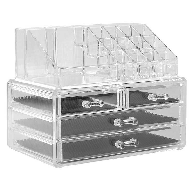 Прозрачен органайзер за гримове и бижута с 20 отделния и 4 чекмеджета