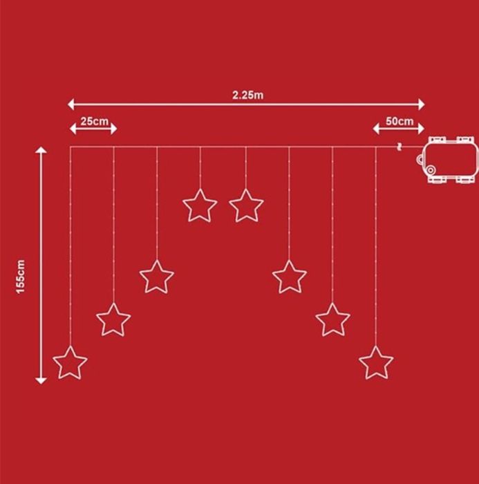 Коледни лампи, 8 звезди, 184 LED лампи, 8 програми, 2 м, Бяла светлина