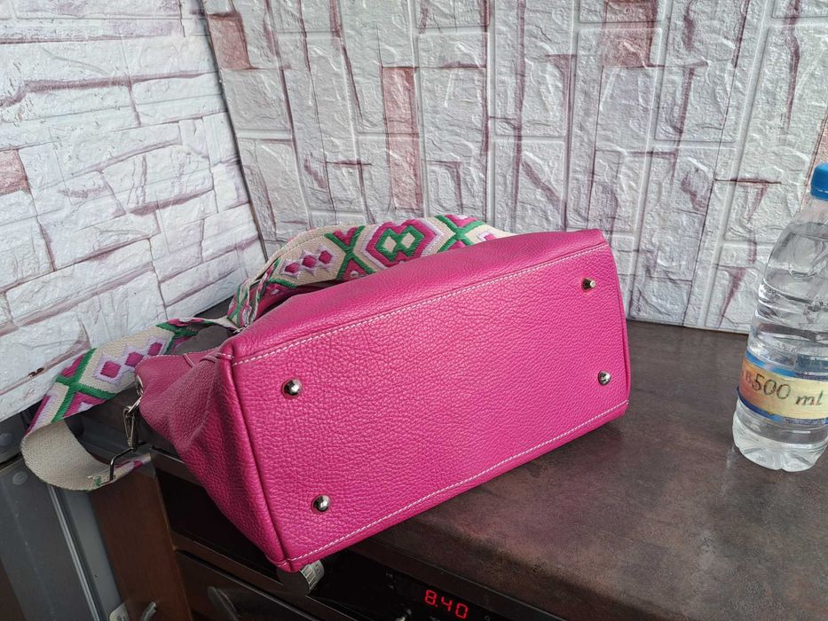 дамска чанта,цикламено розова кожена торба-естествена кожа