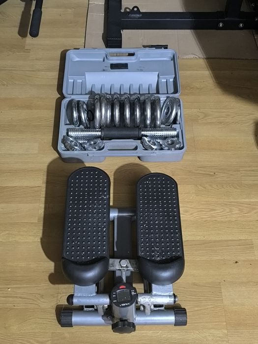 Aparat multifuncțional fitness, bonus steper și set gantere.