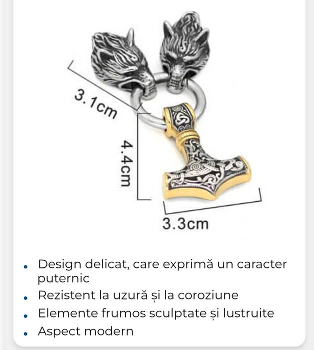 Colier Viking din mitologia nordica cu lup si ciocanul lui Thor