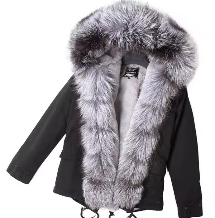 Geaca parka neagra cu blana naturala