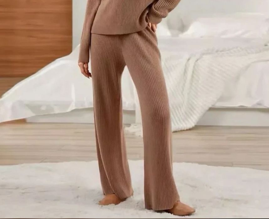 LilySilk Pantaloni casmir evazati cu snur camel maro
