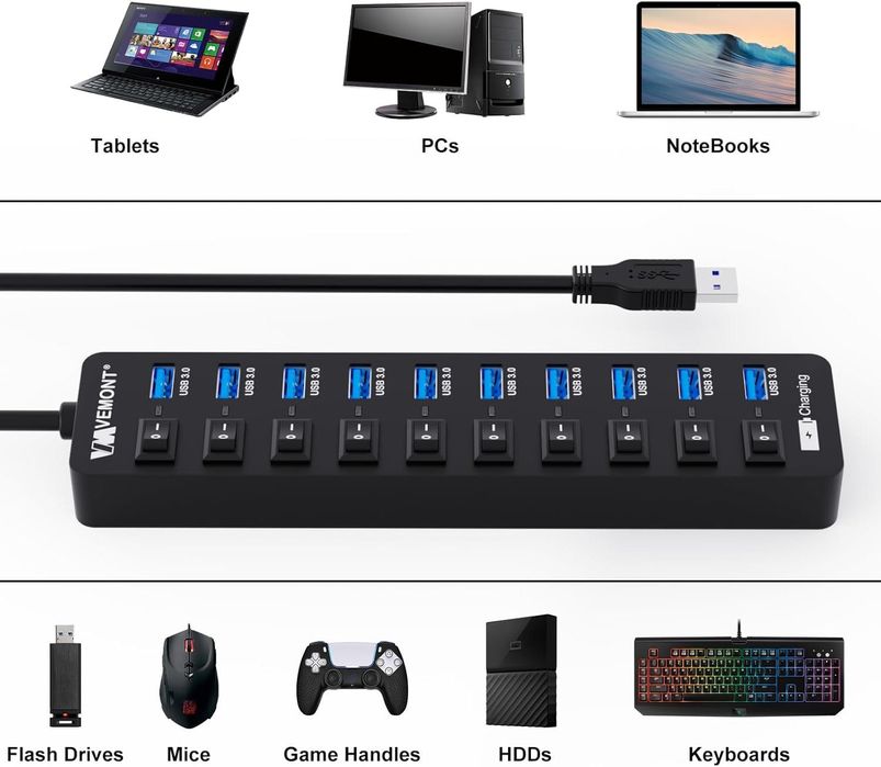 Hub USB VEMONT 10 port Multi USB,comutator indiv pornit/oprit,sigilat