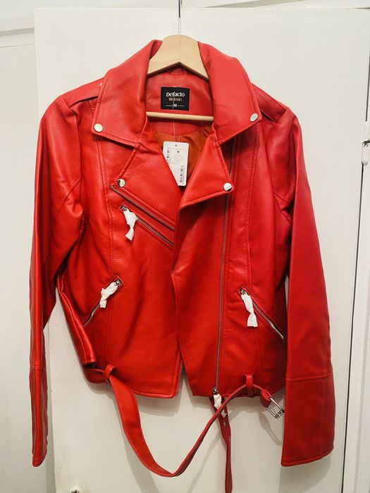 Geaca de piele ecologica DeFacto, rosie, biker, M, noua cu etichete