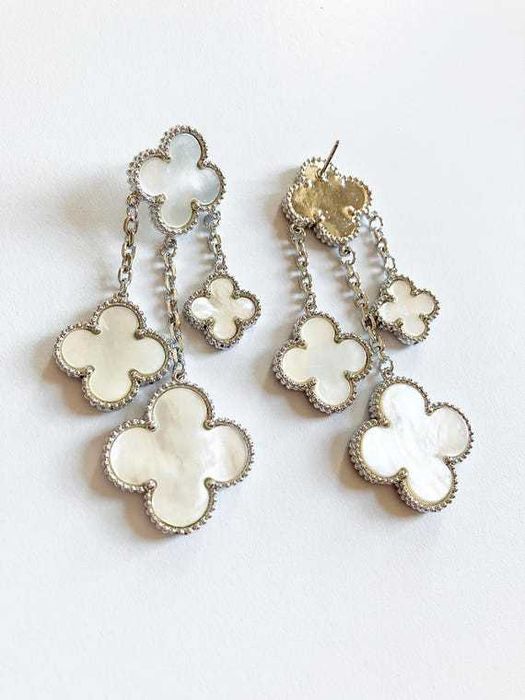 Луксозни дамски обеци с бели детелини Van Cleef – сребристи и златни