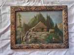 Tablou vechi ulei pe carton - peisaj cu moara de apa - 34x25 cm