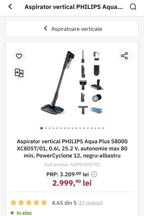 Aspirator vertical PHILIPS Aqua Plus S8000 XC8057 - NOU SIGILAT