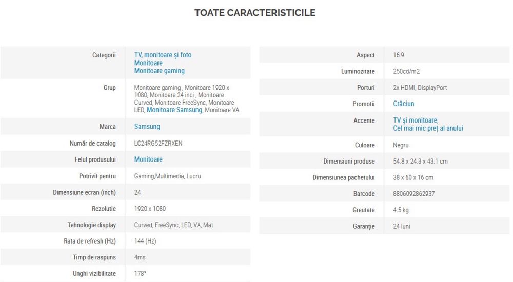 Monitor Samsung, curbat. LED, Freesync, VA, Mat, timp de răspuns 4ms.