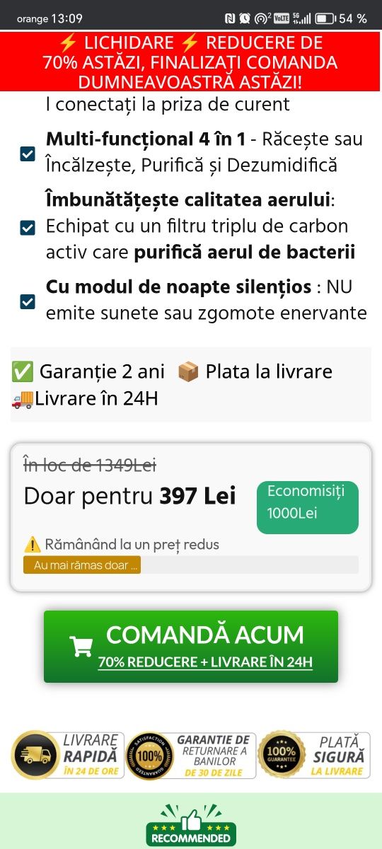 Vând aer condiționat de perete 2 în 1
