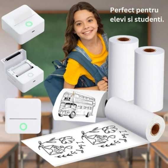 Mini imprimanta, Bluetooth, aplicatie telefon, termica, 3 role incluse