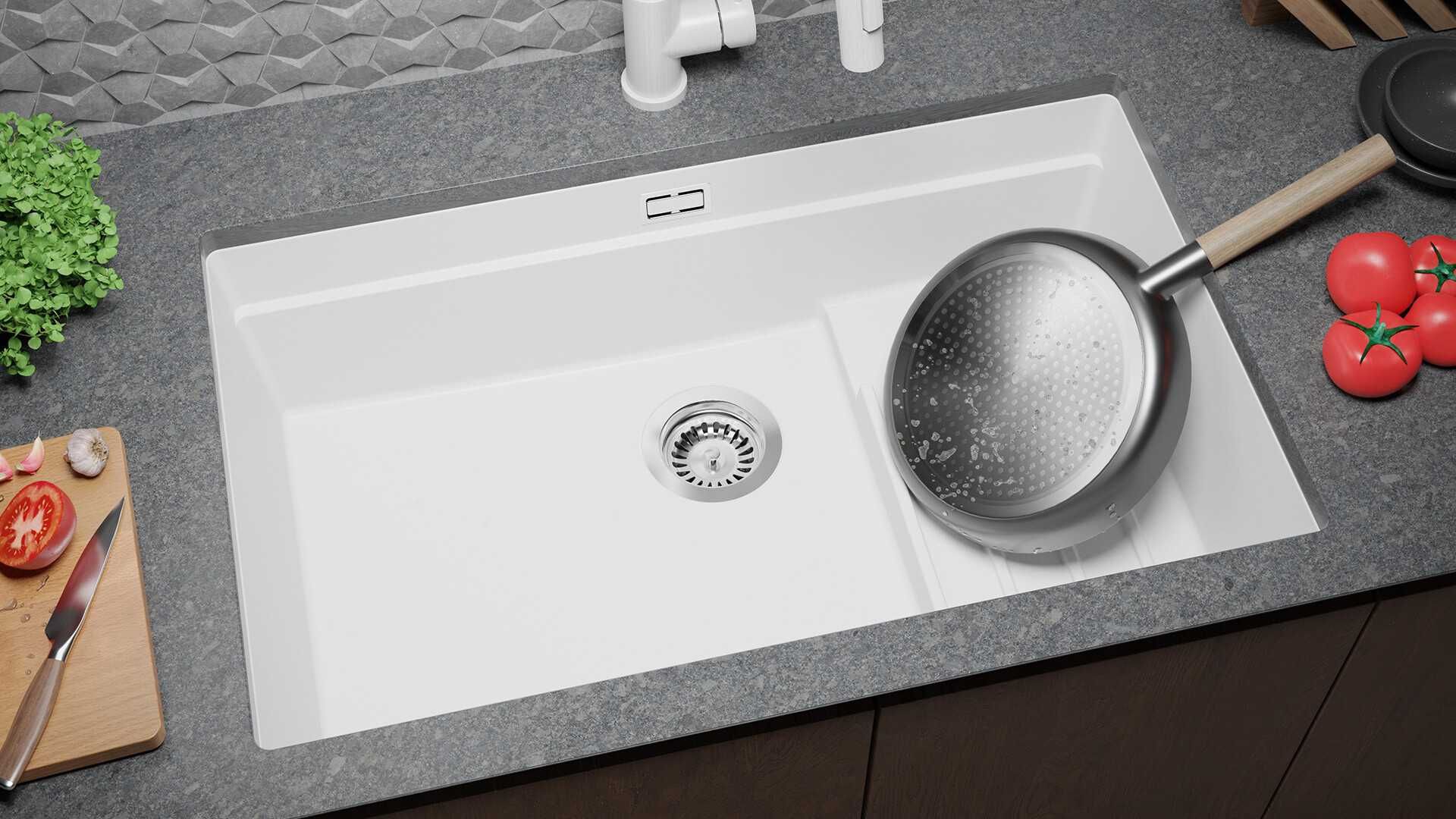 Бяла гранитна мивка за монтаж под плот Прага 80 Step Level 560 x 470
