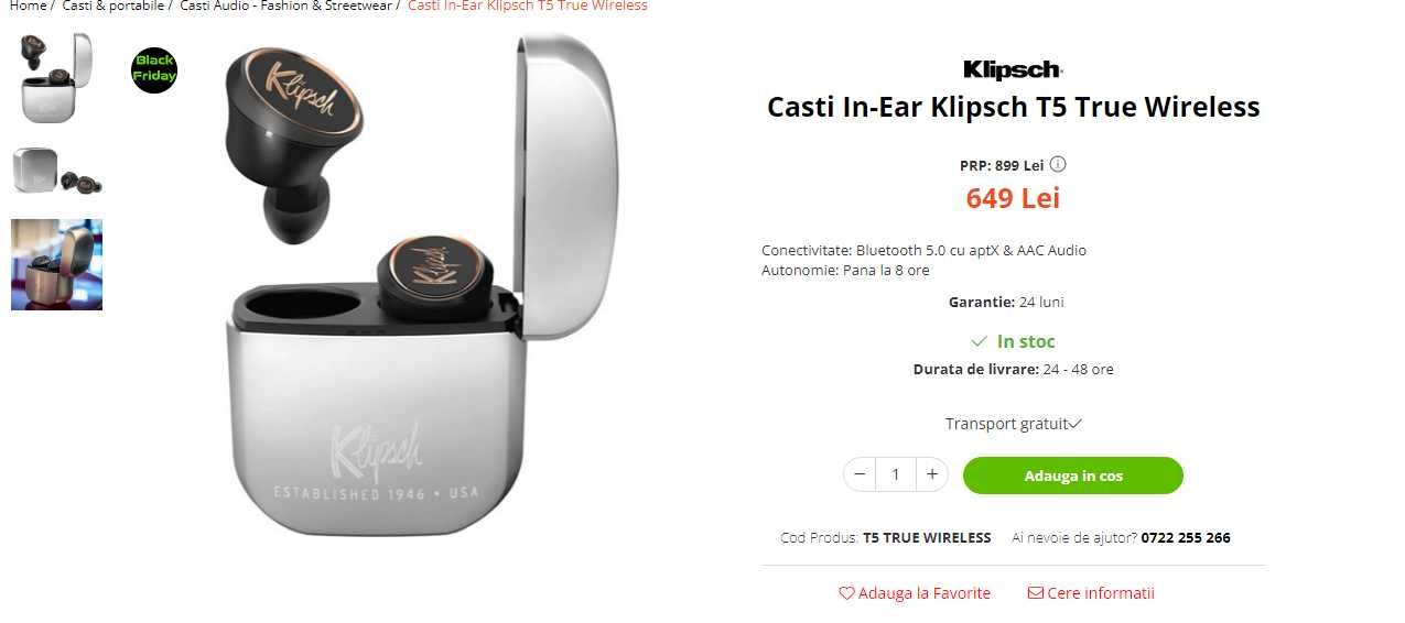 Casti In-Ear Klipsch T5 True Wireless noi , sigilate.
