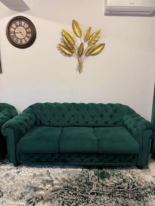 Canapea extensibila + fotoliu chesterfield verde
