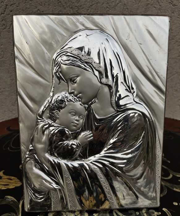 Superb tablou-basorelief argint 925-Fecioara Maria cu pruncul-Italia